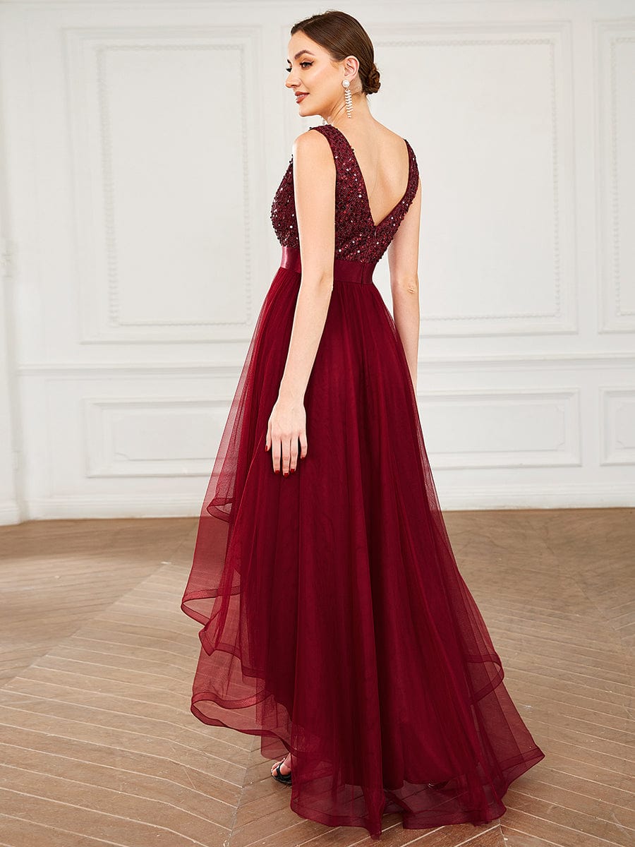Sequin V-Neck Sleeveless High Low Evening Dress #color_Burgundy