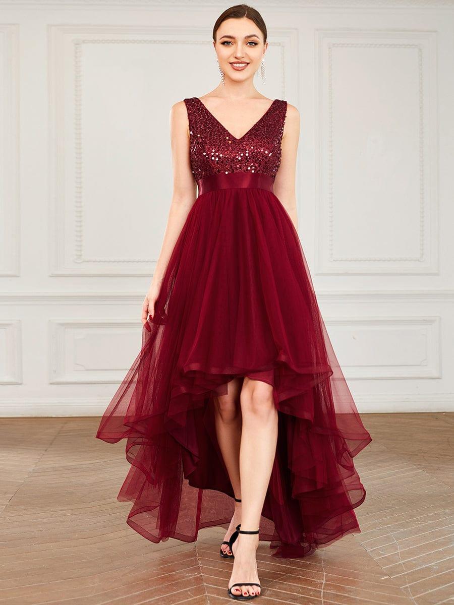 Sequin V-Neck Sleeveless High Low Evening Dress #color_Burgundy