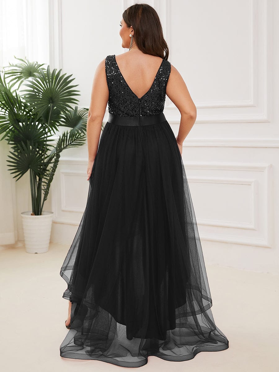 Plus Size Sequin V-Neck Sleeveless High Low Evening Dress #color_Black