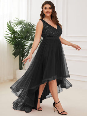 Plus Size Sequin V-Neck Sleeveless High Low Evening Dress