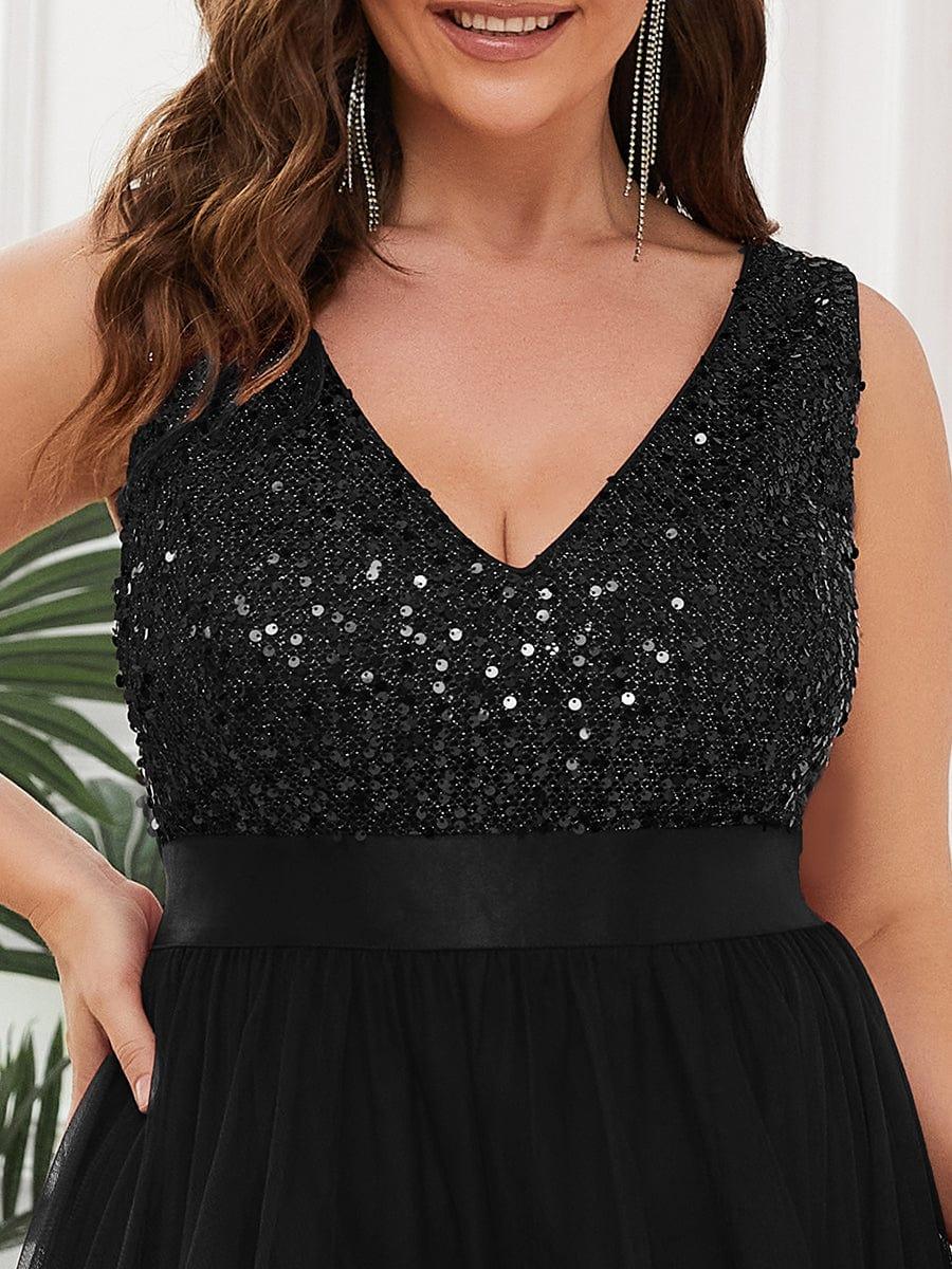 Plus Size Sequin V-Neck Sleeveless High Low Evening Dress #color_Black