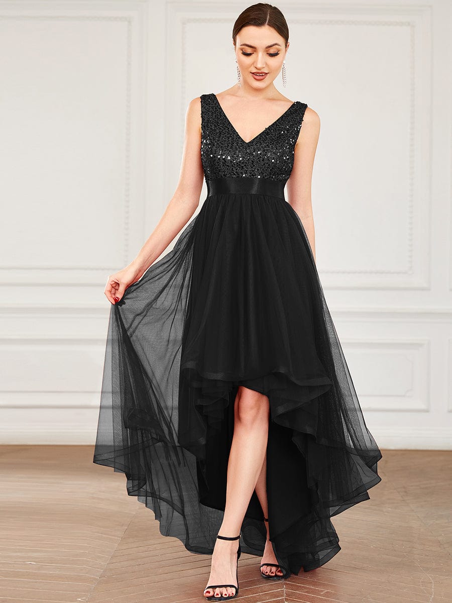 Sequin V-Neck Sleeveless High Low Evening Dress #color_Black