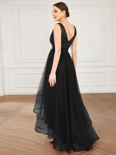 Sequin V-Neck Sleeveless High Low Evening Dress #color_Black