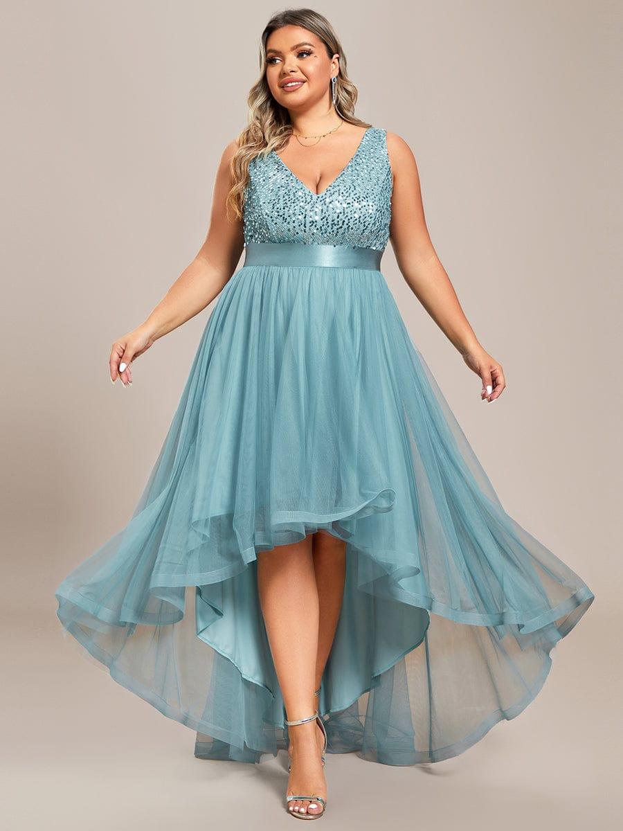 Plus Size Sequin V-Neck Sleeveless High Low Evening Dress #color_Light Teal