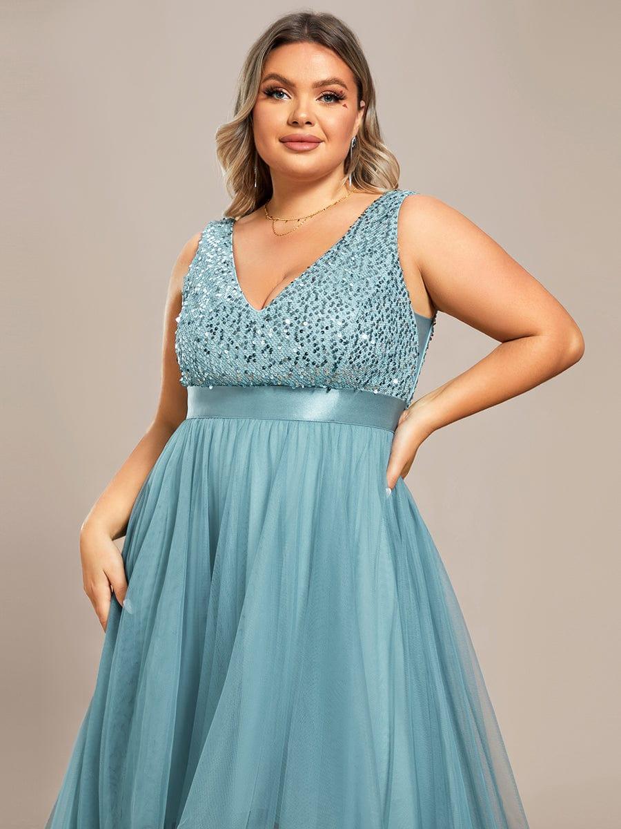 Plus Size Sequin V-Neck Sleeveless High Low Evening Dress #color_Light Teal