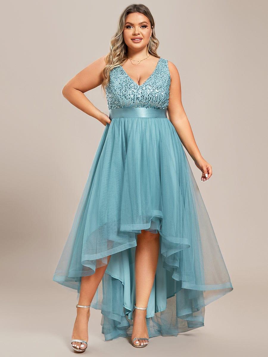 Plus Size Sequin V-Neck Sleeveless High Low Evening Dress #color_Light Teal