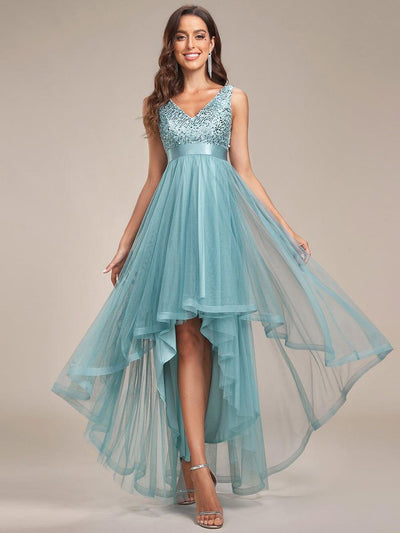 Sequin V-Neck Sleeveless High Low Evening Dress #color_Light Teal