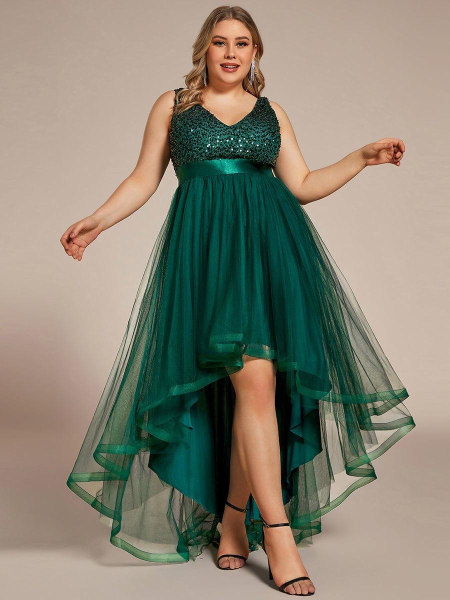 Plus Size Sequin V-Neck Sleeveless High Low Evening Dress #color_Dark Green