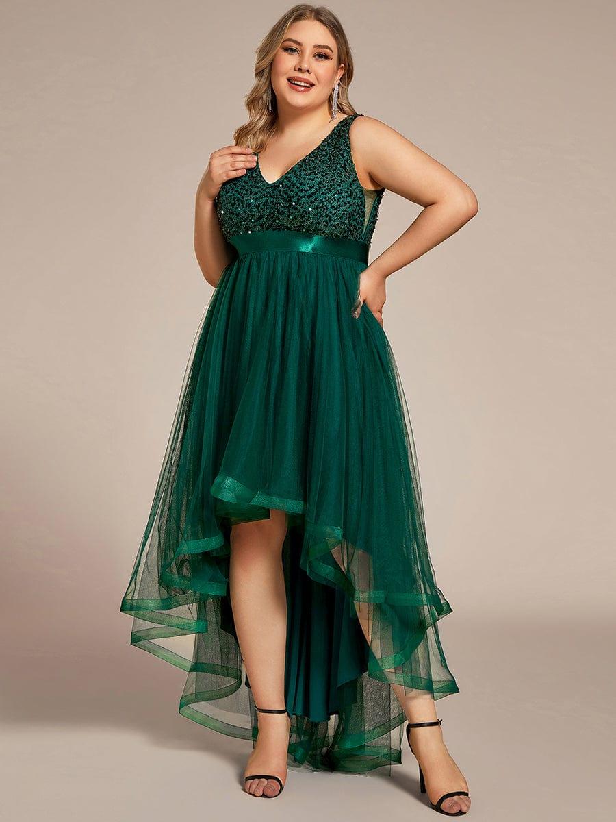 Plus Size Sequin V-Neck Sleeveless High Low Evening Dress #color_Dark Green
