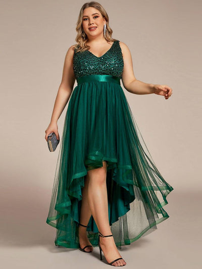 Plus Size Sequin V-Neck Sleeveless High Low Evening Dress #color_Dark Green