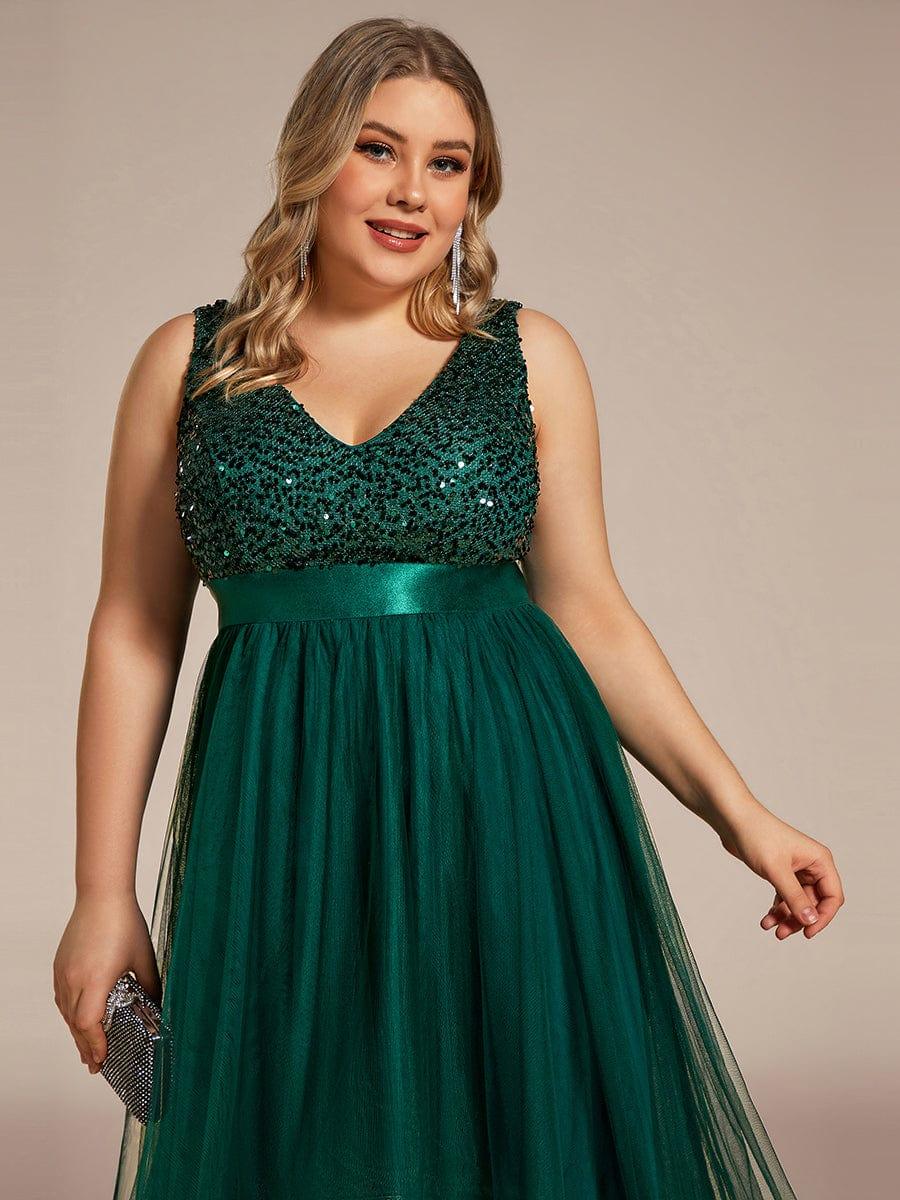 Plus Size Sequin V-Neck Sleeveless High Low Evening Dress #color_Dark Green