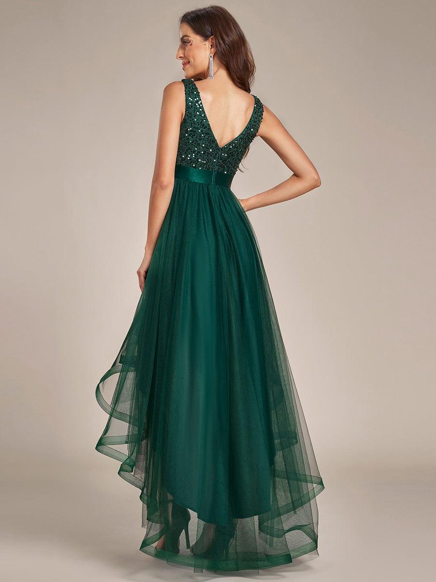 Plus Size Sequin V-Neck Sleeveless High Low Evening Dress #color_Dark Green