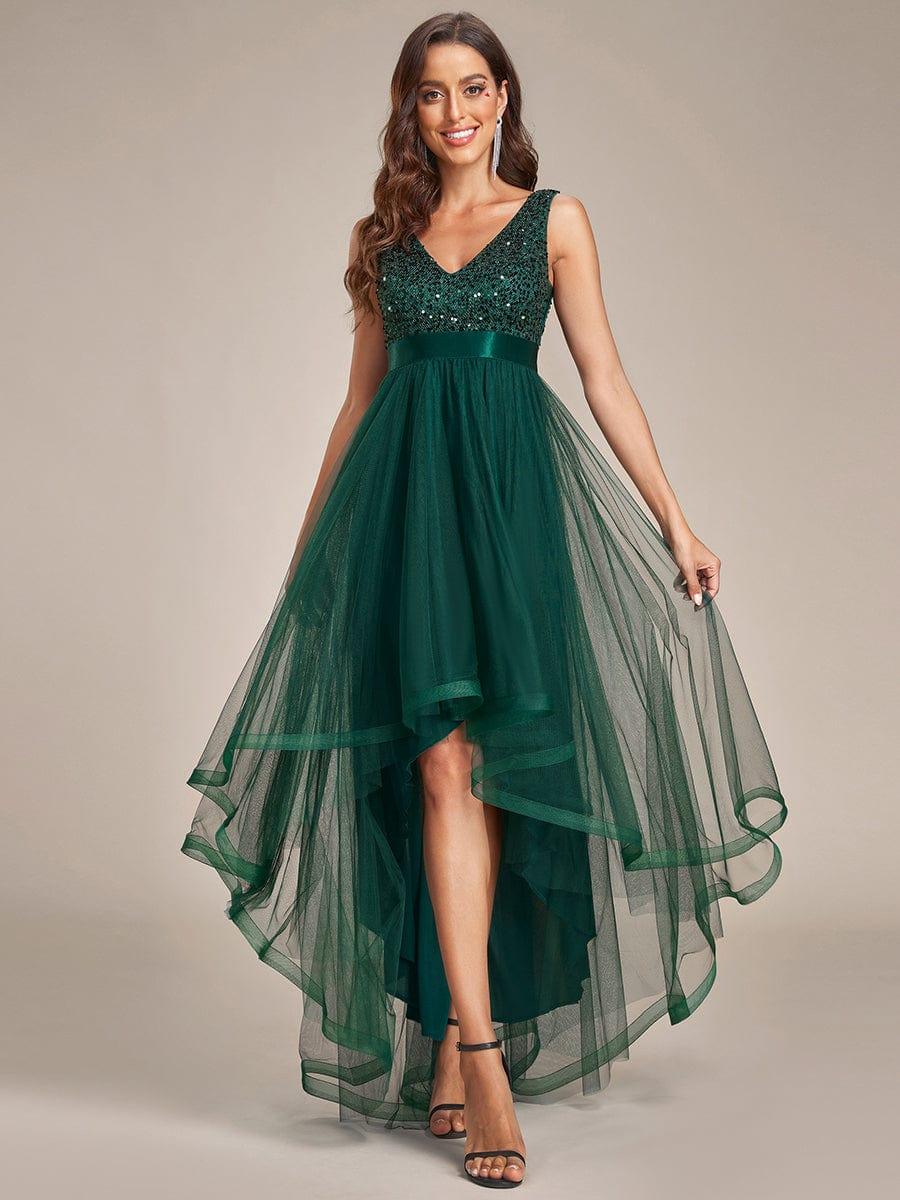 Plus Size Sequin V-Neck Sleeveless High Low Evening Dress #color_Dark Green