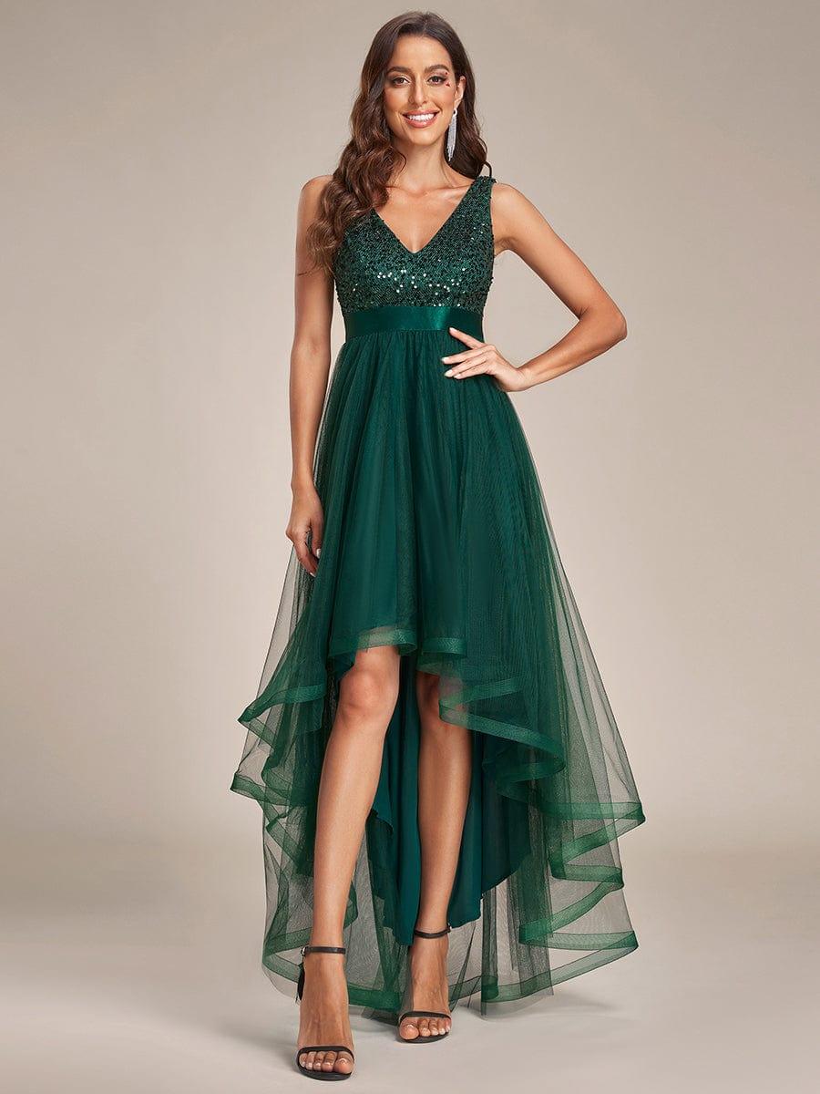 Plus Size Sequin V-Neck Sleeveless High Low Evening Dress #color_Dark Green