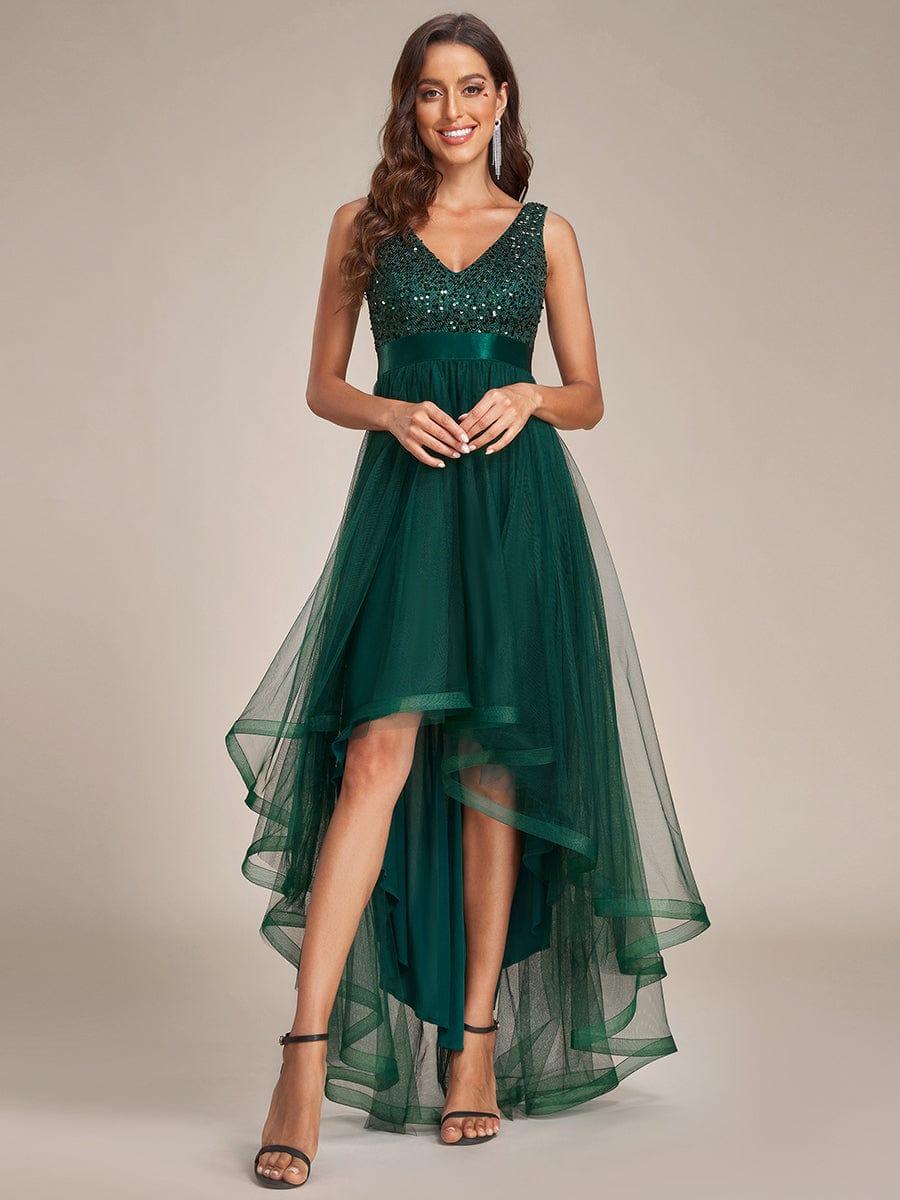 Plus Size Sequin V-Neck Sleeveless High Low Evening Dress #color_Dark Green