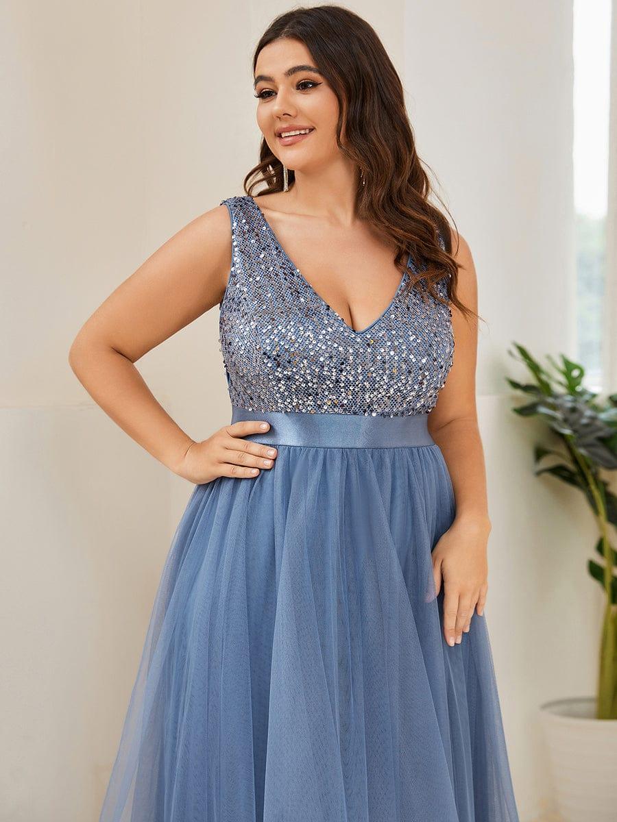 Plus Size Sequin V-Neck Sleeveless High Low Evening Dress #color_Dusty Blue