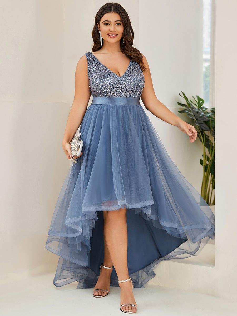 Plus Size Sequin V-Neck Sleeveless High Low Evening Dress #color_Dusty Blue
