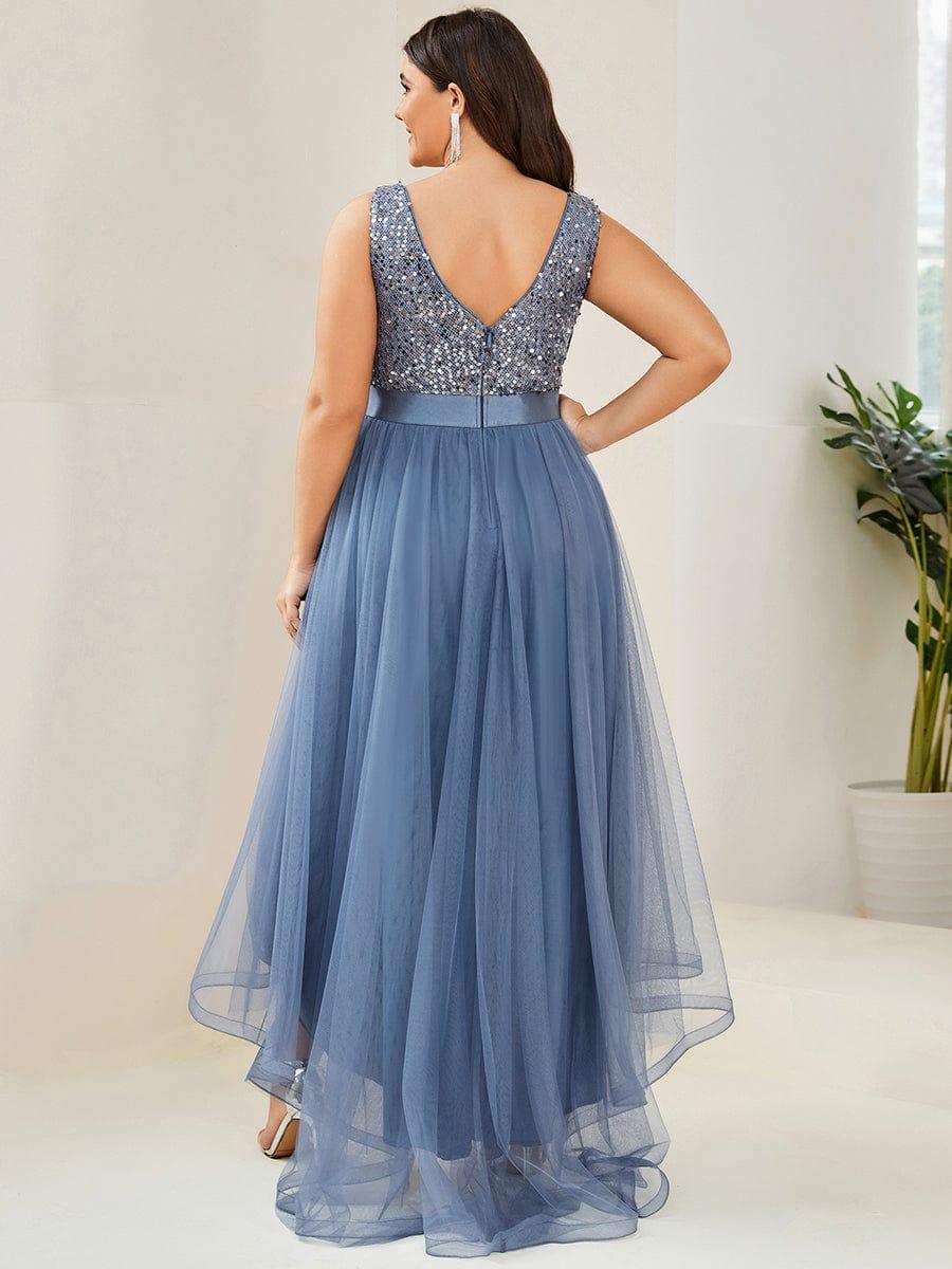Plus Size Sequin V-Neck Sleeveless High Low Evening Dress #color_Dusty Blue