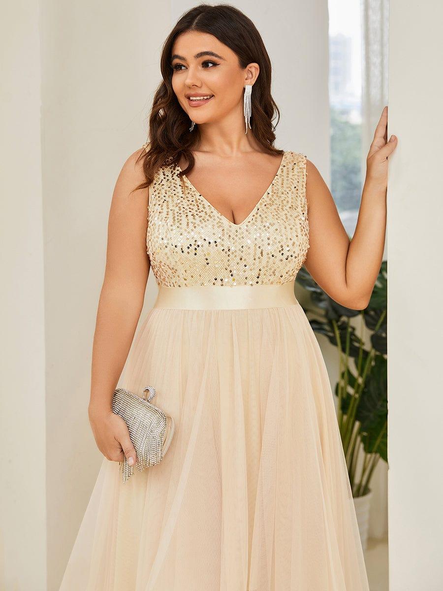 Plus Size Sequin V-Neck Sleeveless High Low Evening Dress #color_Gold