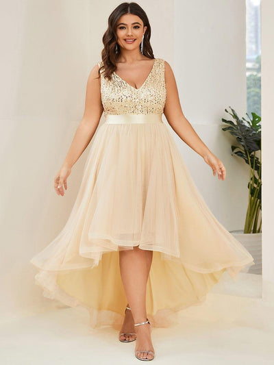 Plus Size Sequin V-Neck Sleeveless High Low Evening Dress #color_Gold