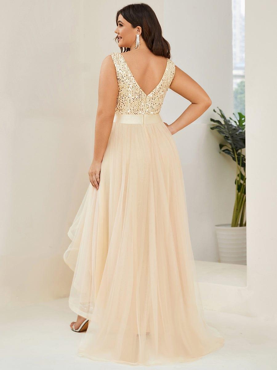 Plus Size Sequin V-Neck Sleeveless High Low Evening Dress #color_Gold