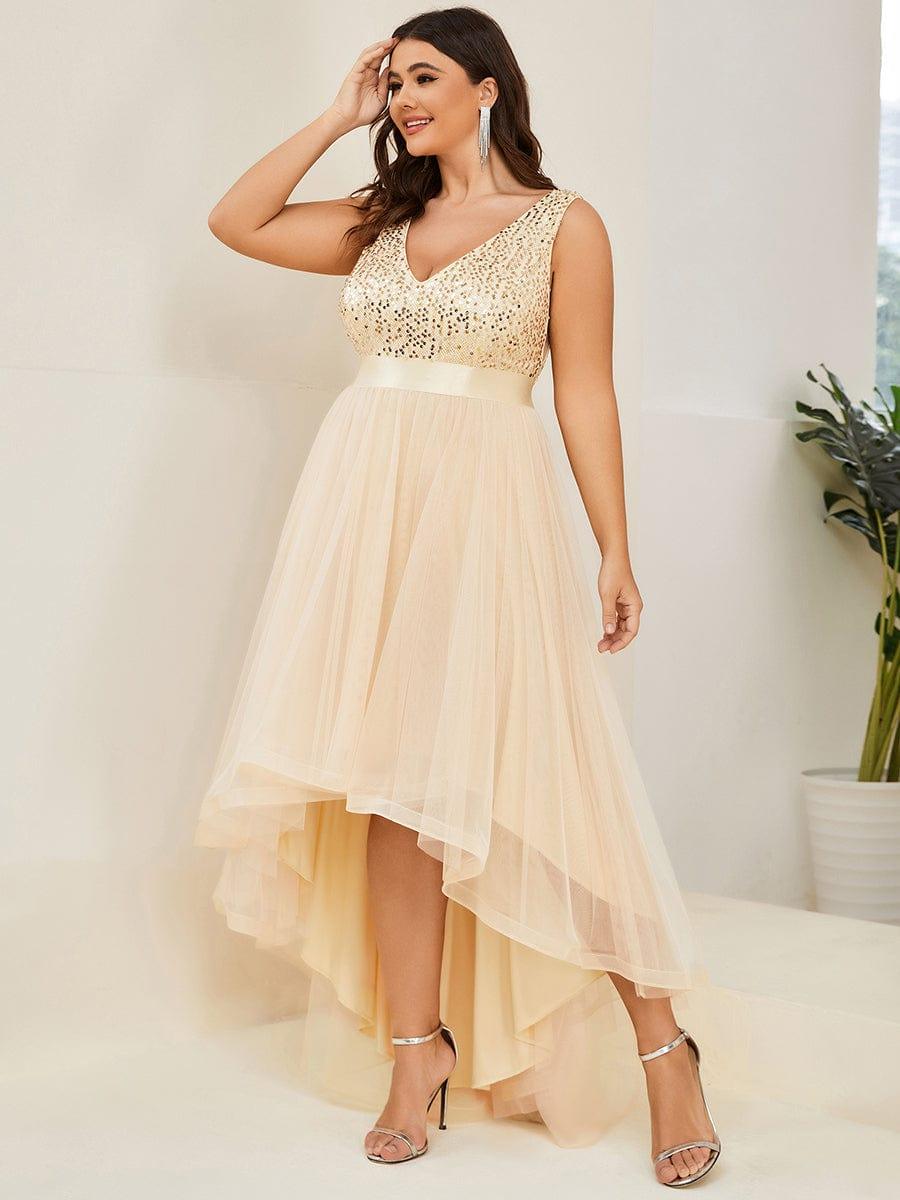 Plus Size Sequin V-Neck Sleeveless High Low Evening Dress #color_Gold