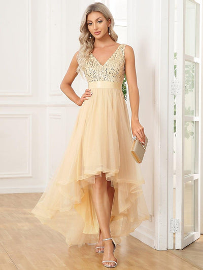 Sequin V-Neck Sleeveless High Low Evening Dress #color_Gold