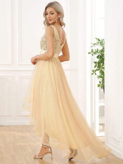 Sequin V-Neck Sleeveless High Low Evening Dress #color_Gold