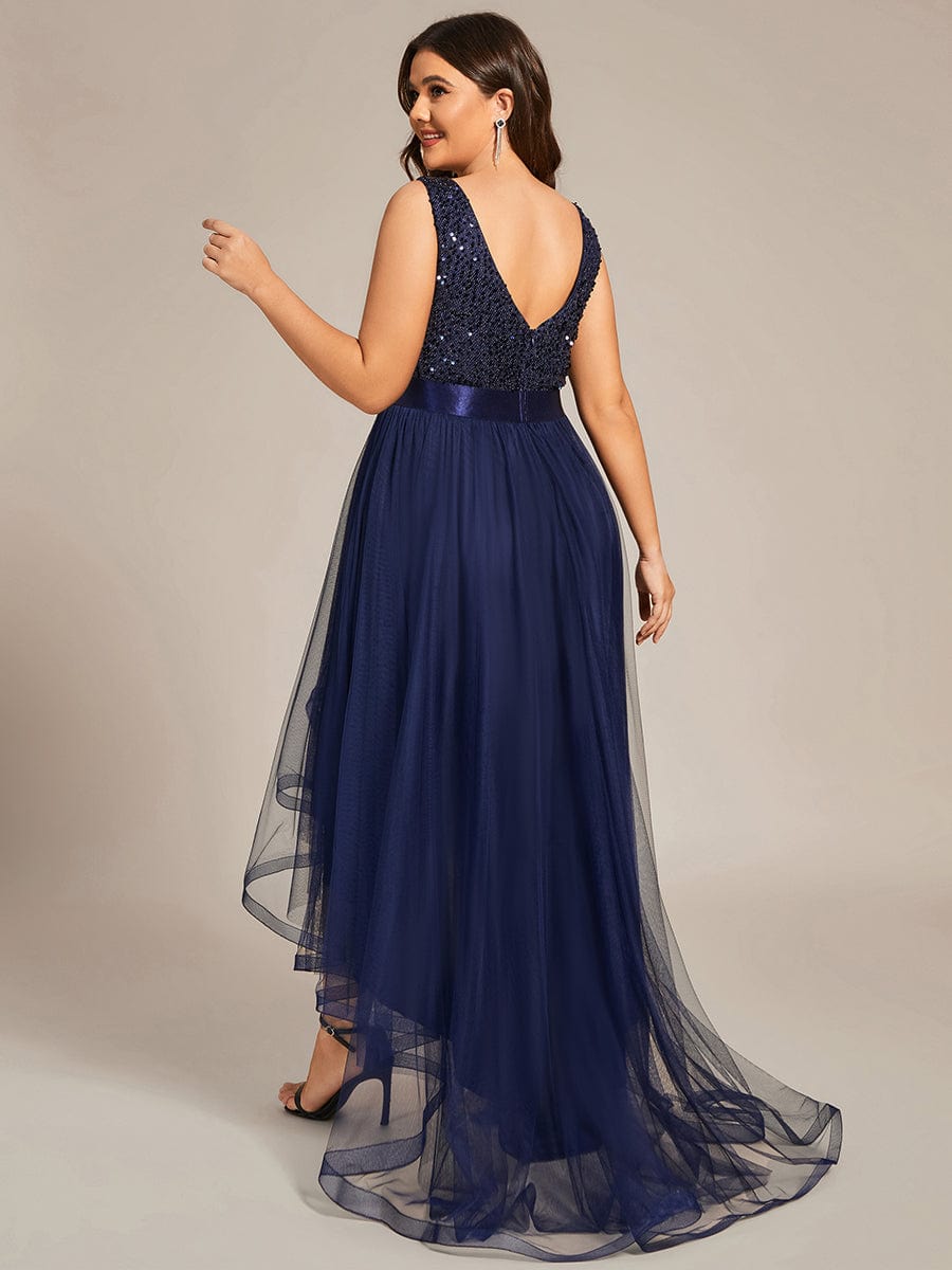 Custom Size Sequin Sleeveless Ribbon Waist Tulle High Low Evening Dress #color_Navy Blue