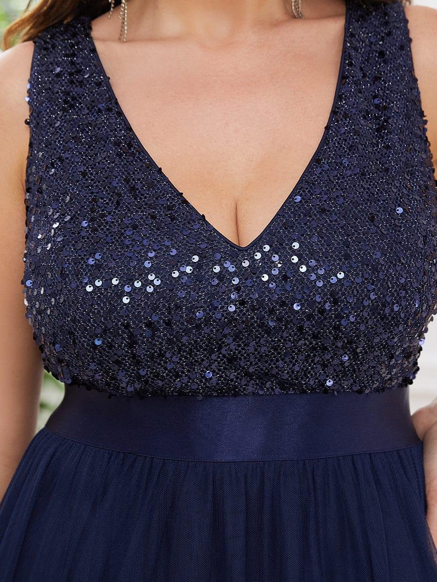 Plus Size Sequin V-Neck Sleeveless High Low Evening Dress #color_Navy Blue