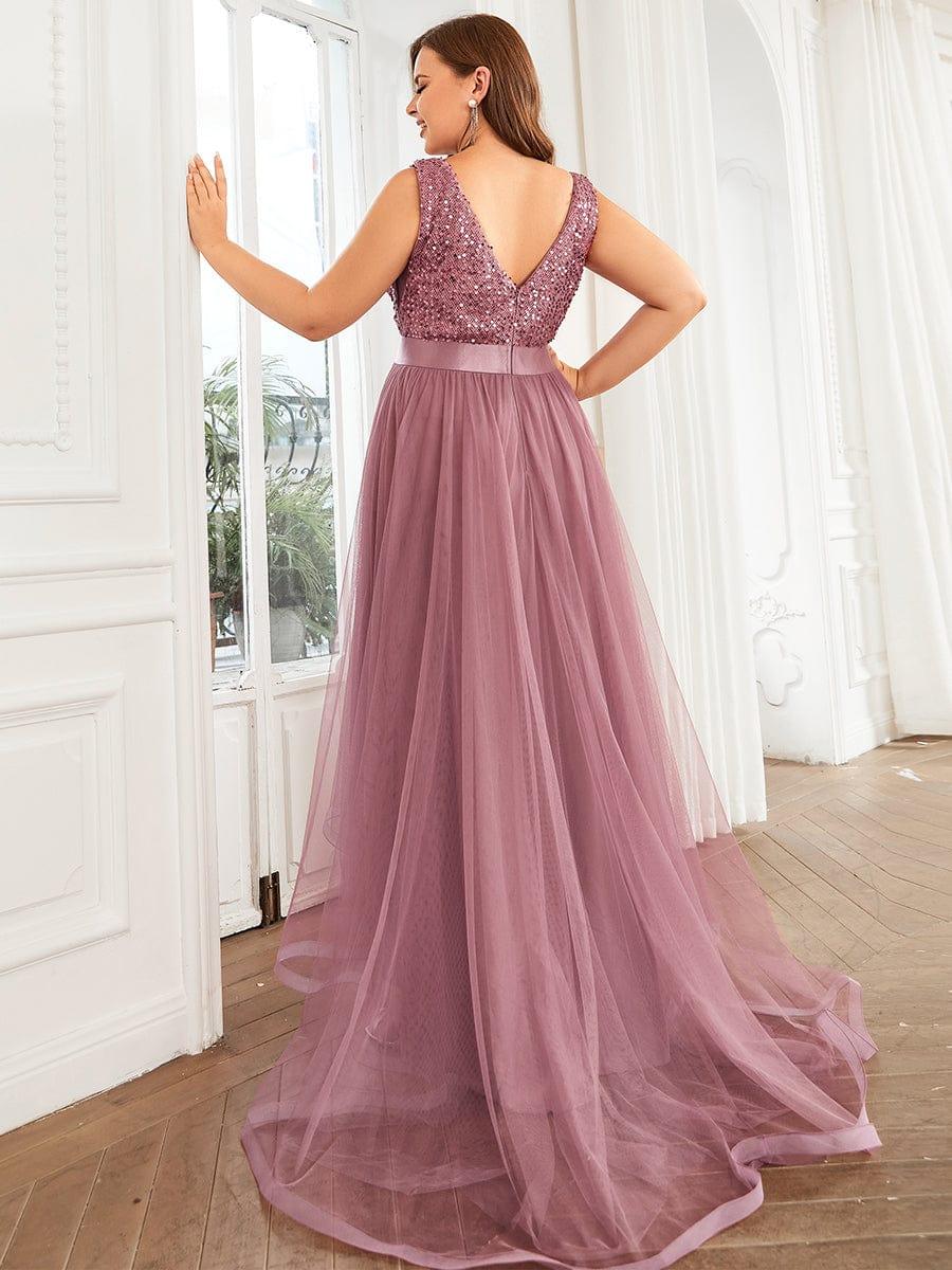 Plus Size Sequin V-Neck Sleeveless High Low Evening Dress #color_Purple Orchid