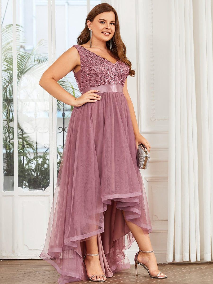 Plus Size Sequin V-Neck Sleeveless High Low Evening Dress #color_Purple Orchid