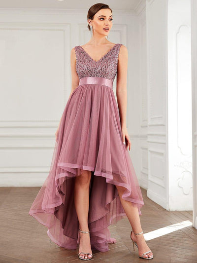 Sequin V-Neck Sleeveless High Low Evening Dress #color_Purple Orchid