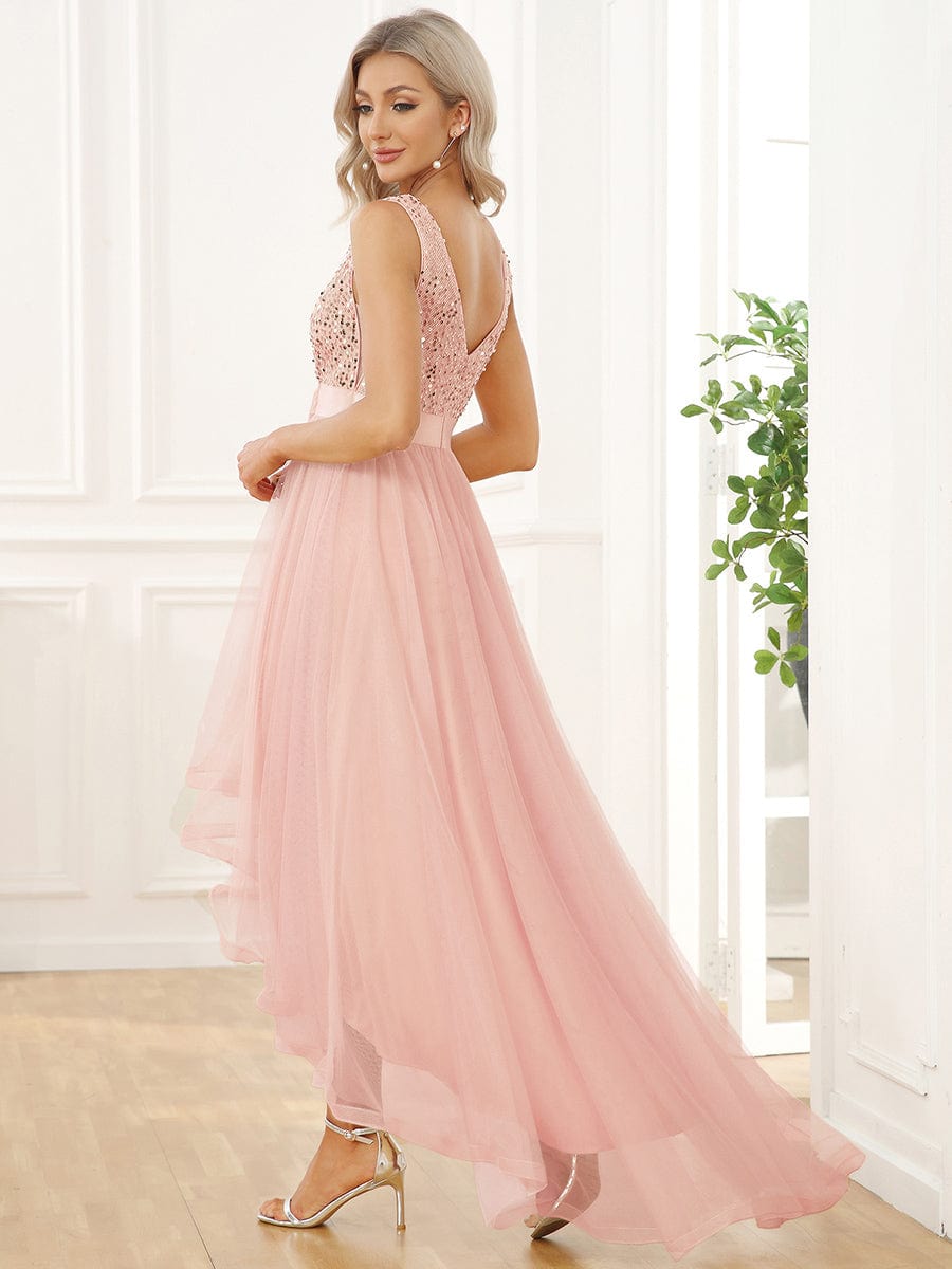 Sequin V-Neck Sleeveless High Low Evening Dress #color_Pink