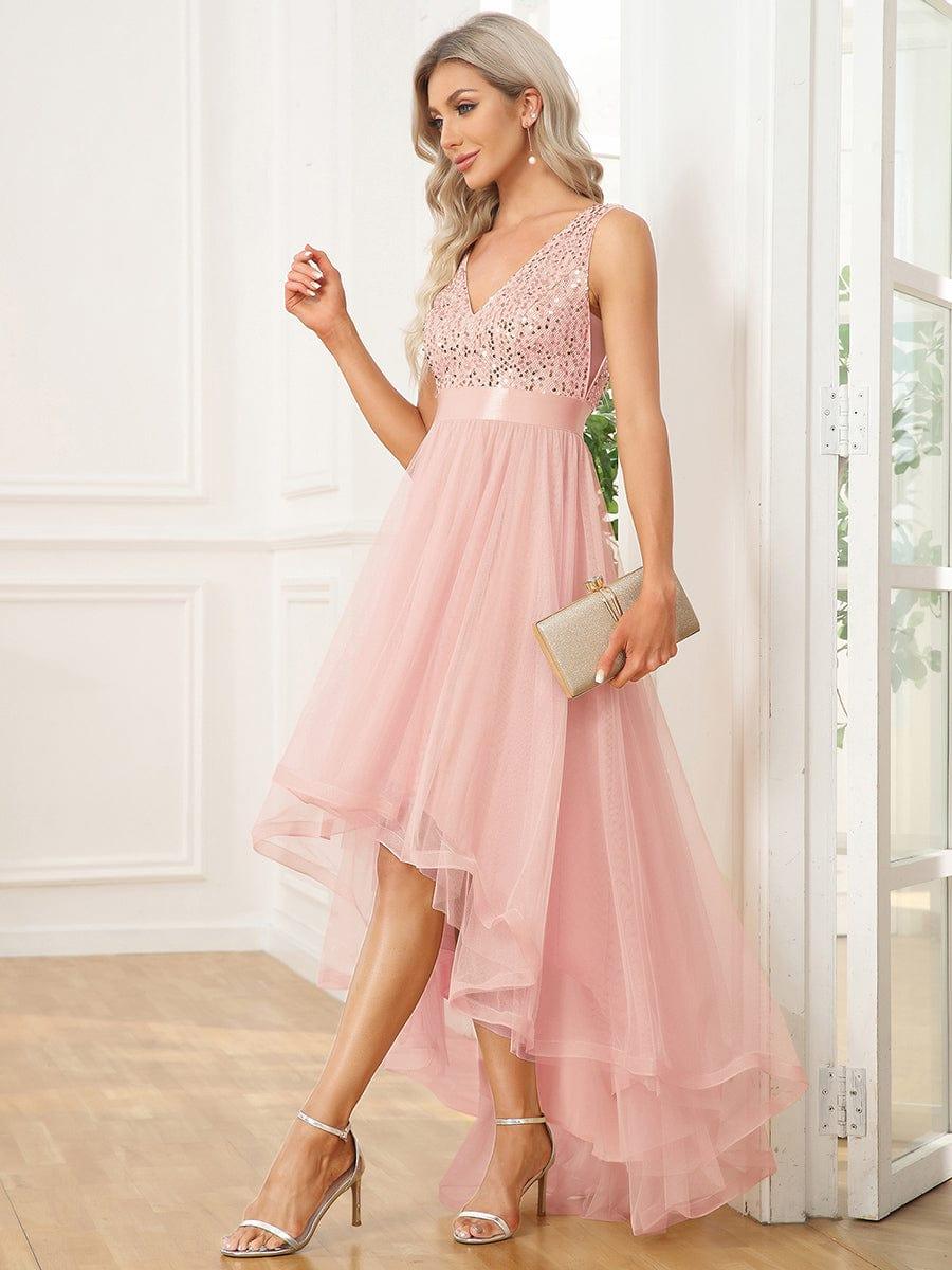 Plus Size Sequin V-Neck Sleeveless High Low Evening Dress #color_Pink