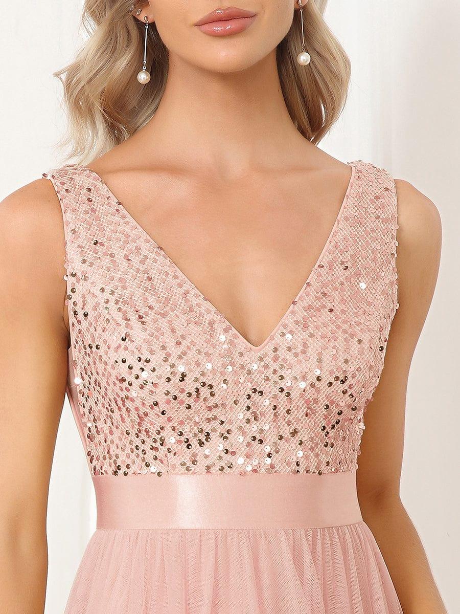 Plus Size Sequin V-Neck Sleeveless High Low Evening Dress #color_Pink