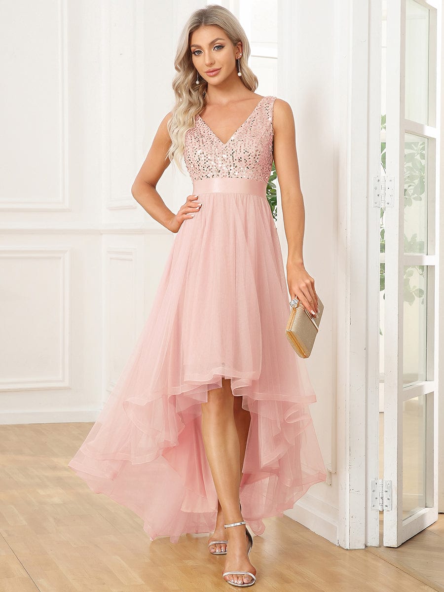 Plus Size Sequin V-Neck Sleeveless High Low Evening Dress #color_Pink