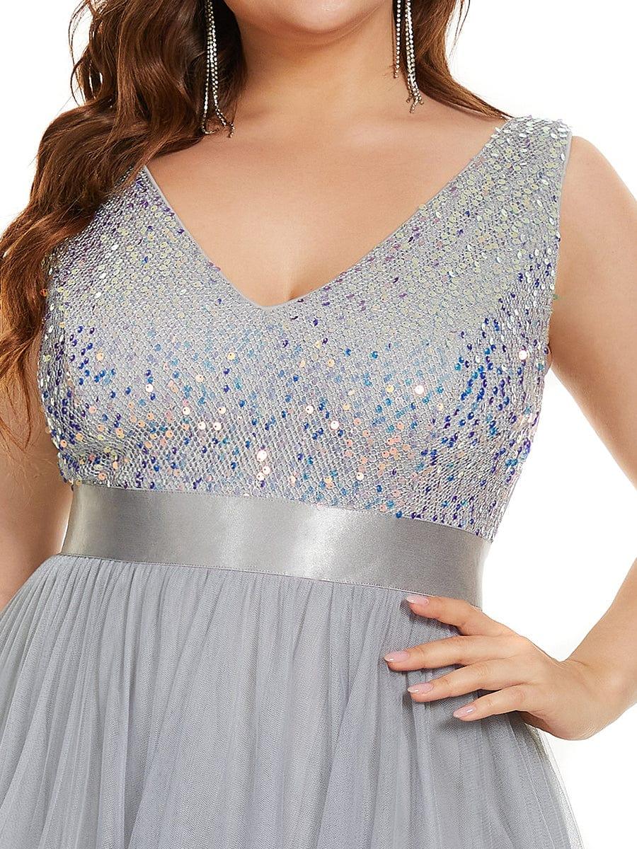 Plus Size Sequin V-Neck Sleeveless High Low Evening Dress #color_Silver