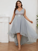 Plus Size Sequin V-Neck Sleeveless High Low Evening Dress #color_Silver