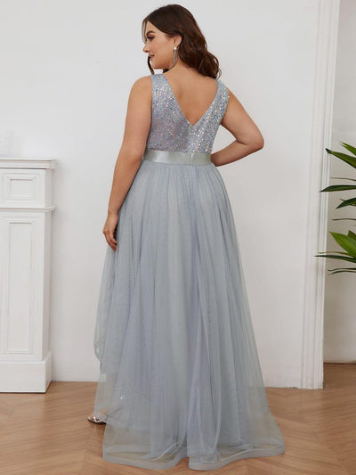 Plus Size Sequin V-Neck Sleeveless High Low Evening Dress #color_Silver