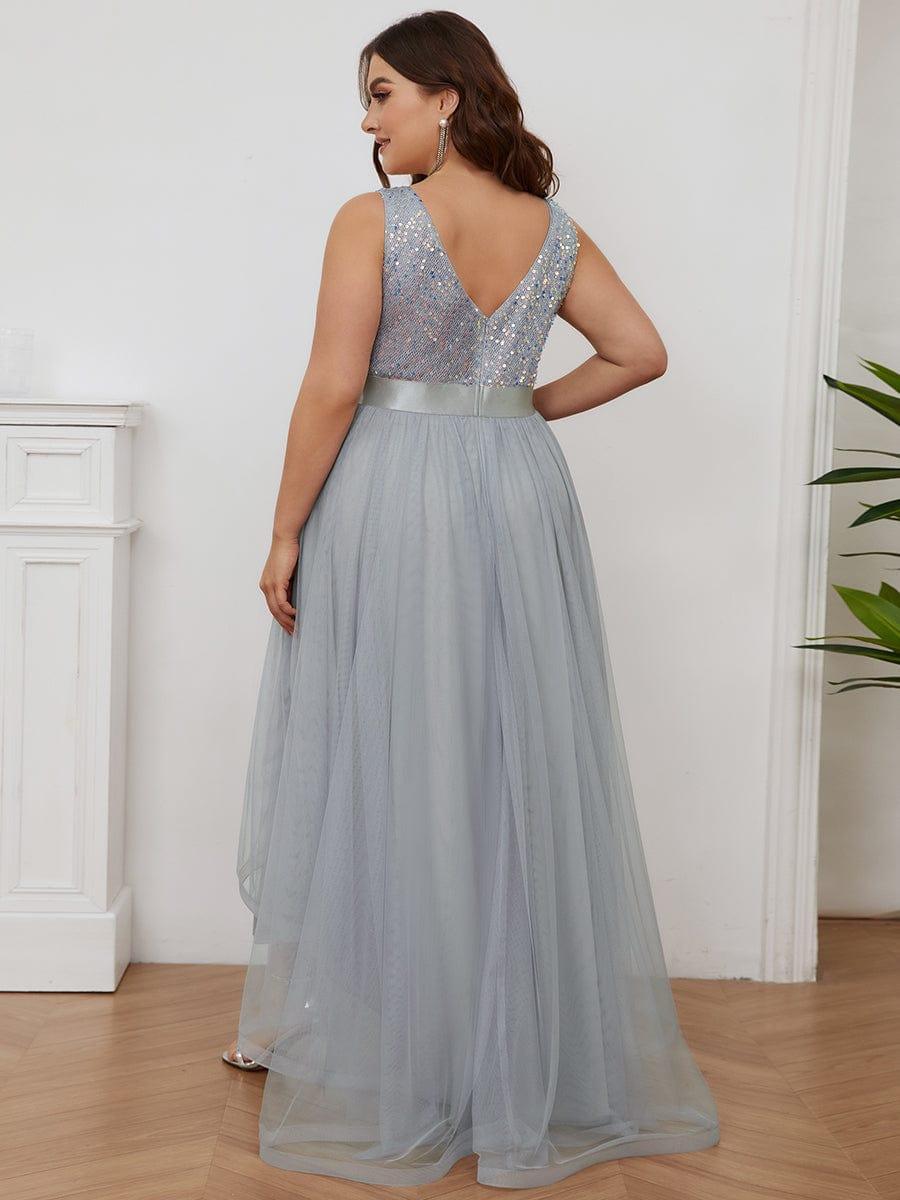 Plus Size Sequin V-Neck Sleeveless High Low Evening Dress #color_Silver