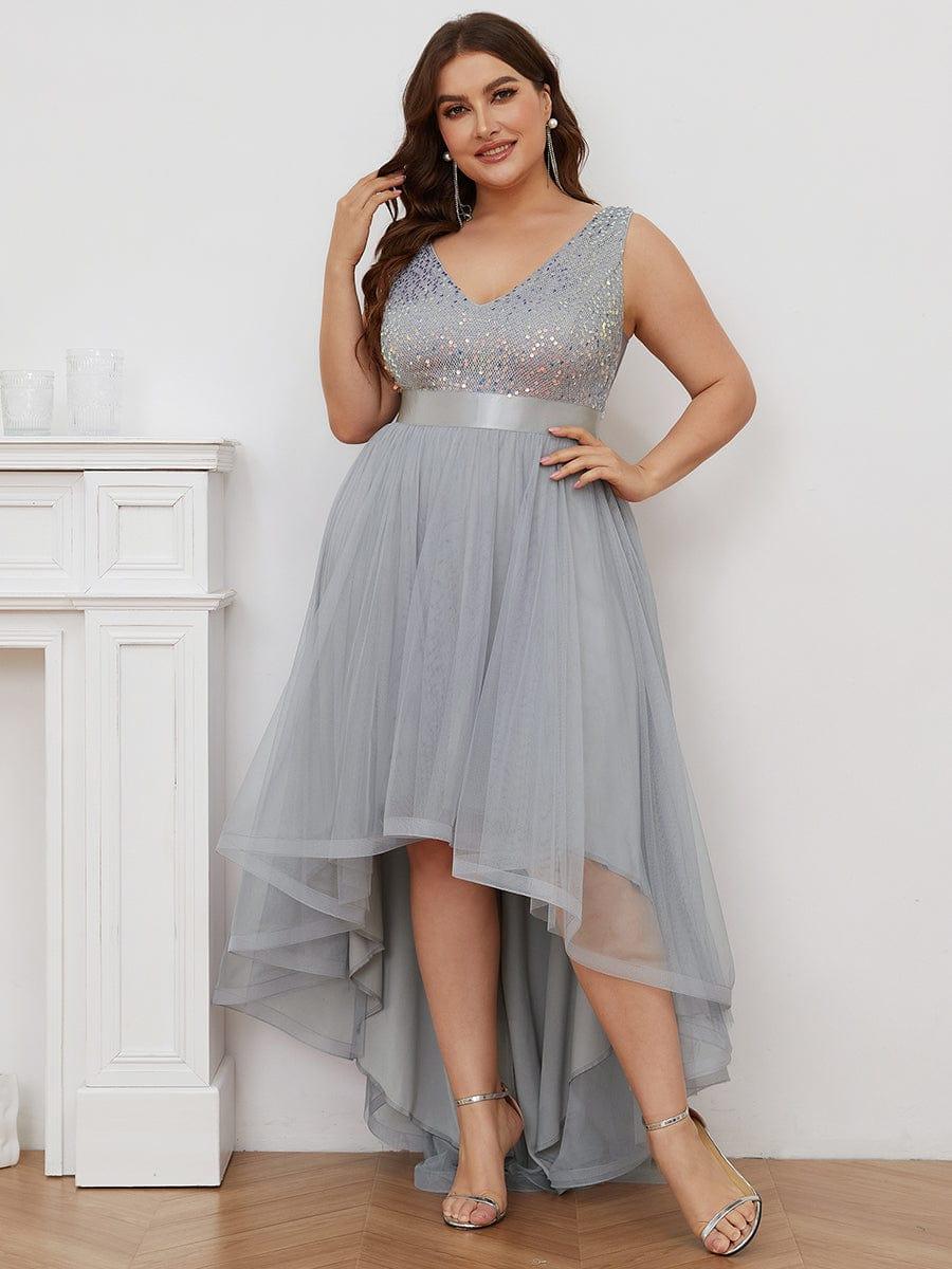 Plus Size Sequin V-Neck Sleeveless High Low Evening Dress #color_Silver