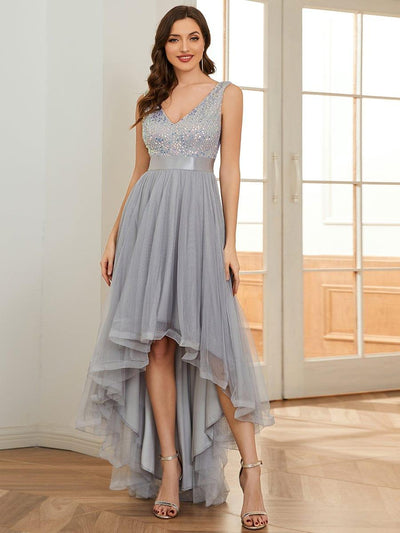Sequin V-Neck Sleeveless High Low Evening Dress #color_Silver
