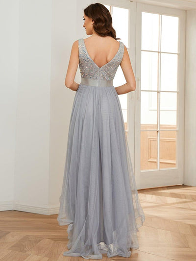 Sequin V-Neck Sleeveless High Low Evening Dress #color_Silver