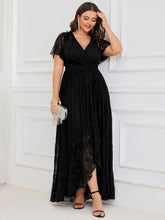 Plus size V-Neck Short Sleeve Pleated Ruffled Lace Evening Dress #Color_Black