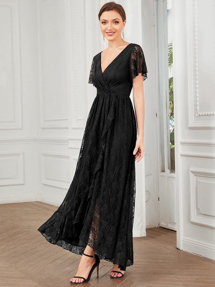 V-Neck Short Sleeve Pleated Ruffled Lace Evening Dress #Color_Black