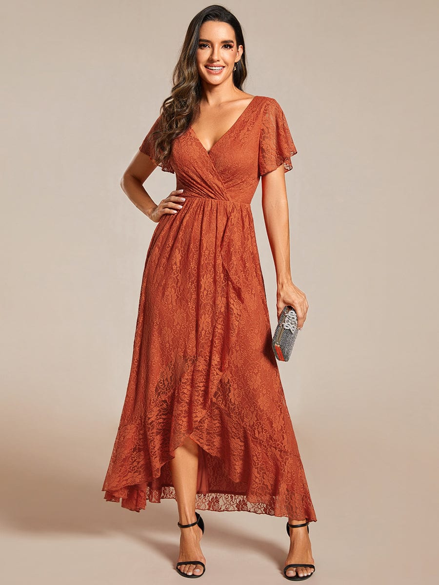 V-Neck Short Sleeve Pleated Ruffled Lace Evening Dress #Color_Burnt Orange