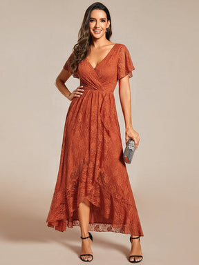 V-Neck Lace High-Low Evening Dress with Short Sleeves