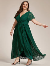 Plus size V-Neck Short Sleeve Pleated Ruffled Lace Evening Dress #Color_Dark Green