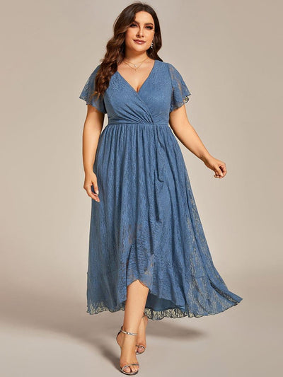 Plus size V-Neck Short Sleeve Pleated Ruffled Lace Evening Dress #color_Dusty Blue